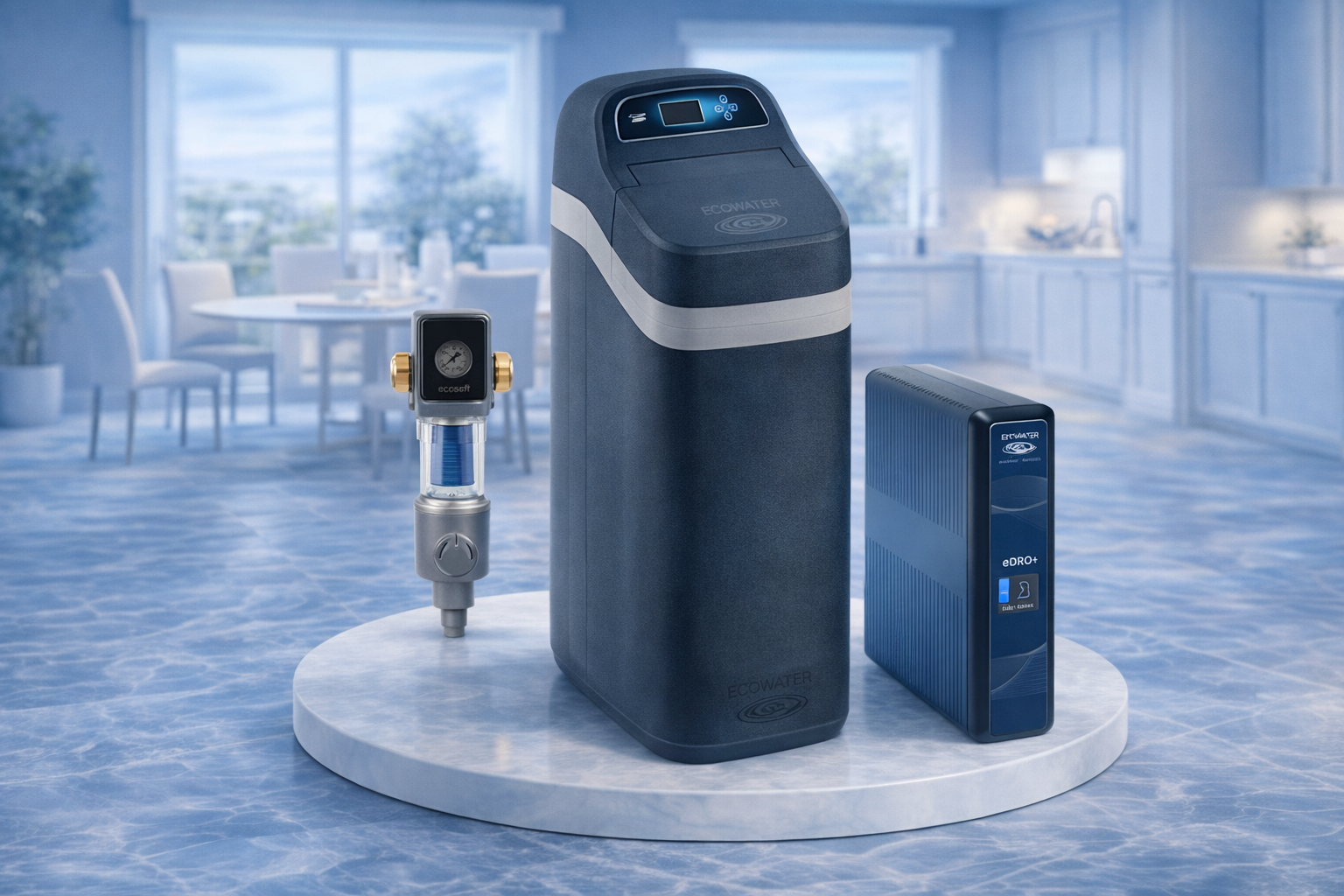 Residential Filtration Systems – EcoWater softener, eDRO+ RO, Ecosoft prefilter (UAE homes)